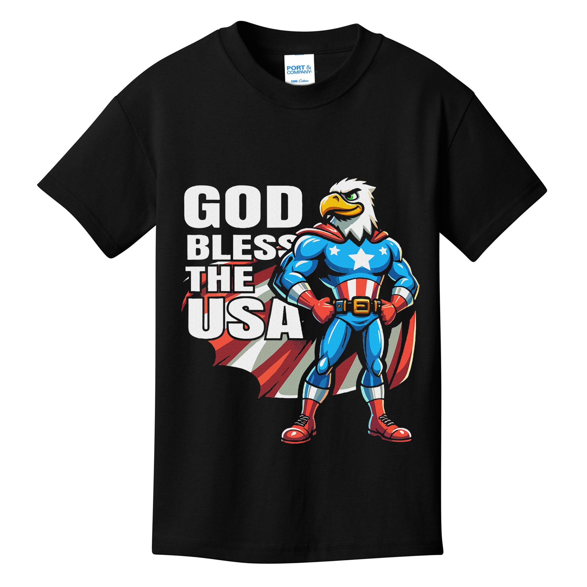 God Bless The Usa American Patriotic Eagle Superhero Design Kids T-Shirt