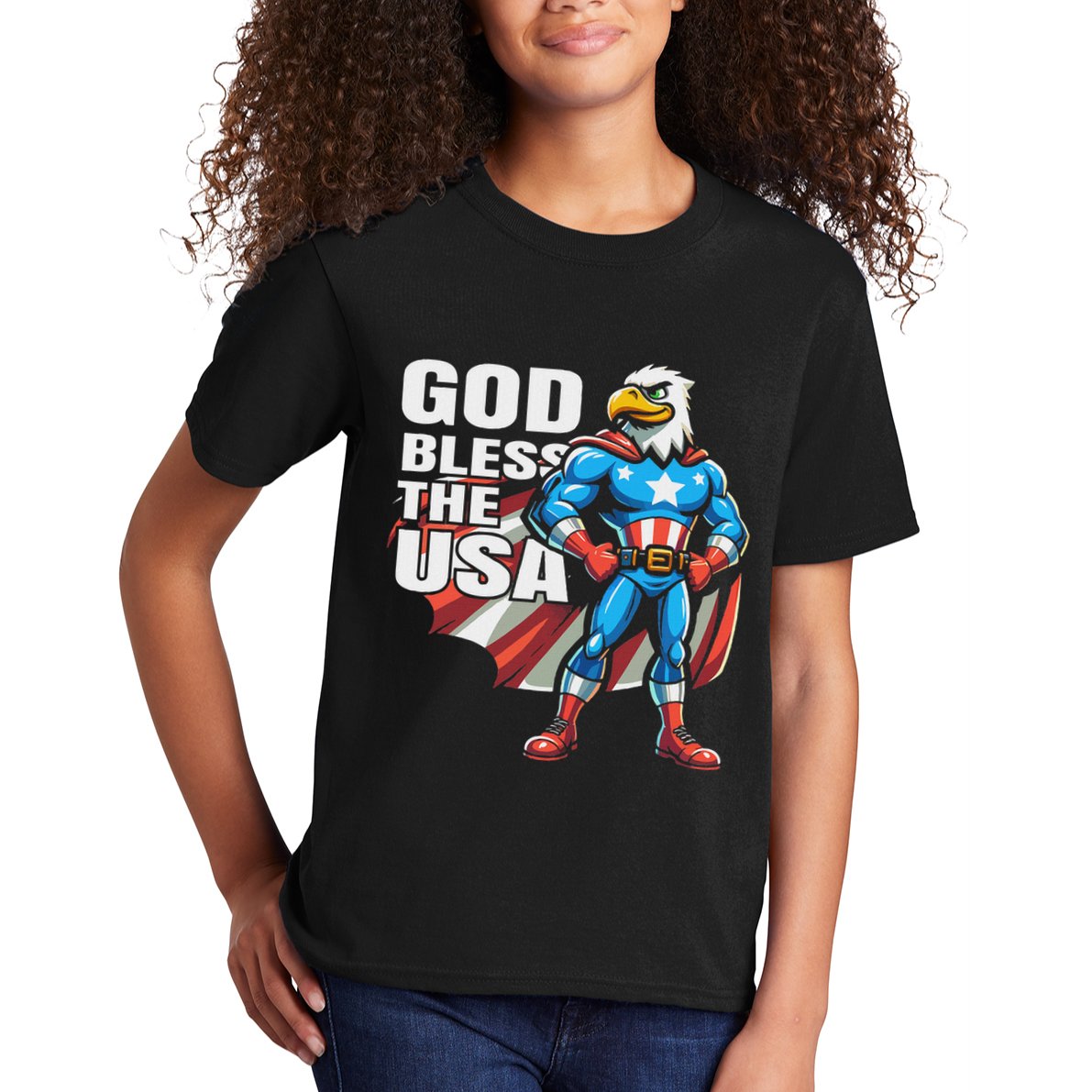God Bless The Usa American Patriotic Eagle Superhero Design Kids T-Shirt