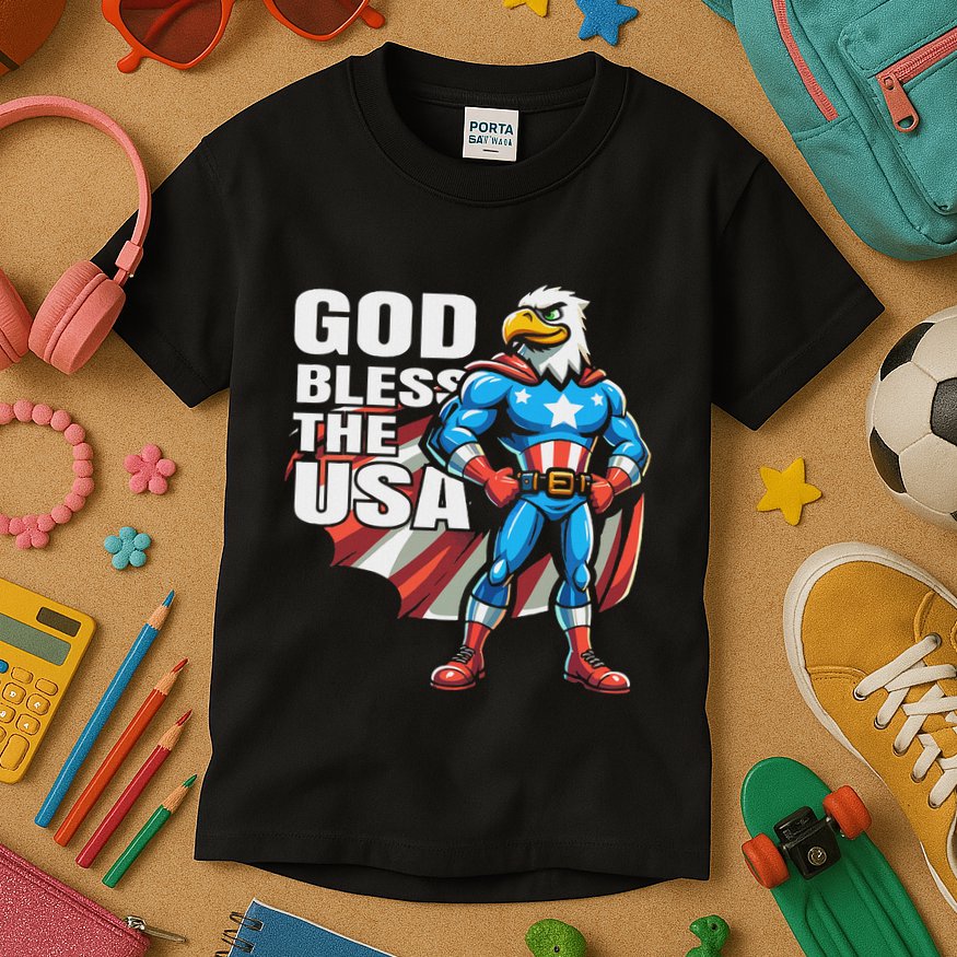 God Bless The Usa American Patriotic Eagle Superhero Design Kids T-Shirt