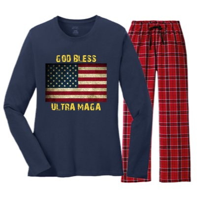 God Bless Ultra Maga United States Flag Women's Long Sleeve Flannel Pajama Set 