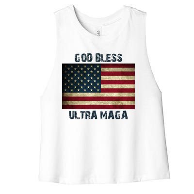 God Bless Ultra Maga United States Flag Women's Racerback Cropped Tank