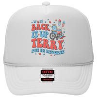 Groovy Back Up Terry Put It In Reverse Firework 4th Of July High Crown Mesh Back Trucker Hat