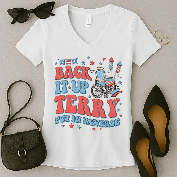 Groovy Back Up Terry Put It In Reverse Firework 4th Of July Women's V-Neck T-Shirt