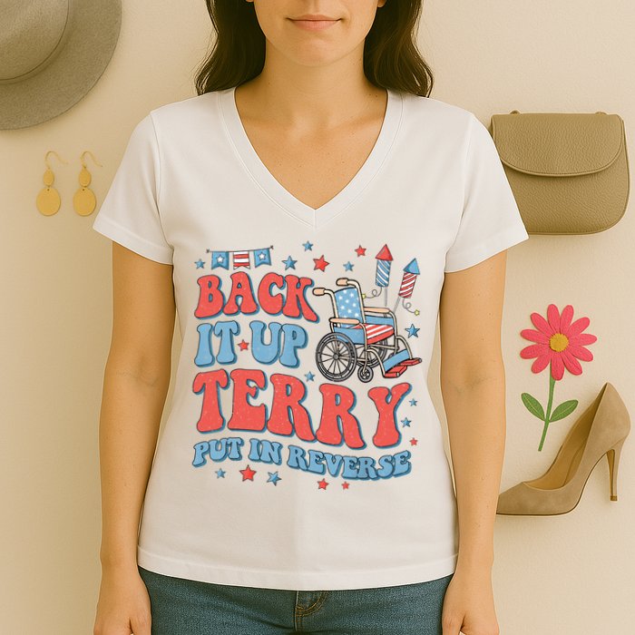 Groovy Back Up Terry Put It In Reverse Firework 4th Of July Women's V-Neck T-Shirt