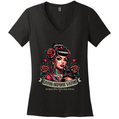 Gatos Before Vatos Unless The Vato Has Gatos Chingona Tattoo Women's V-Neck T-Shirt