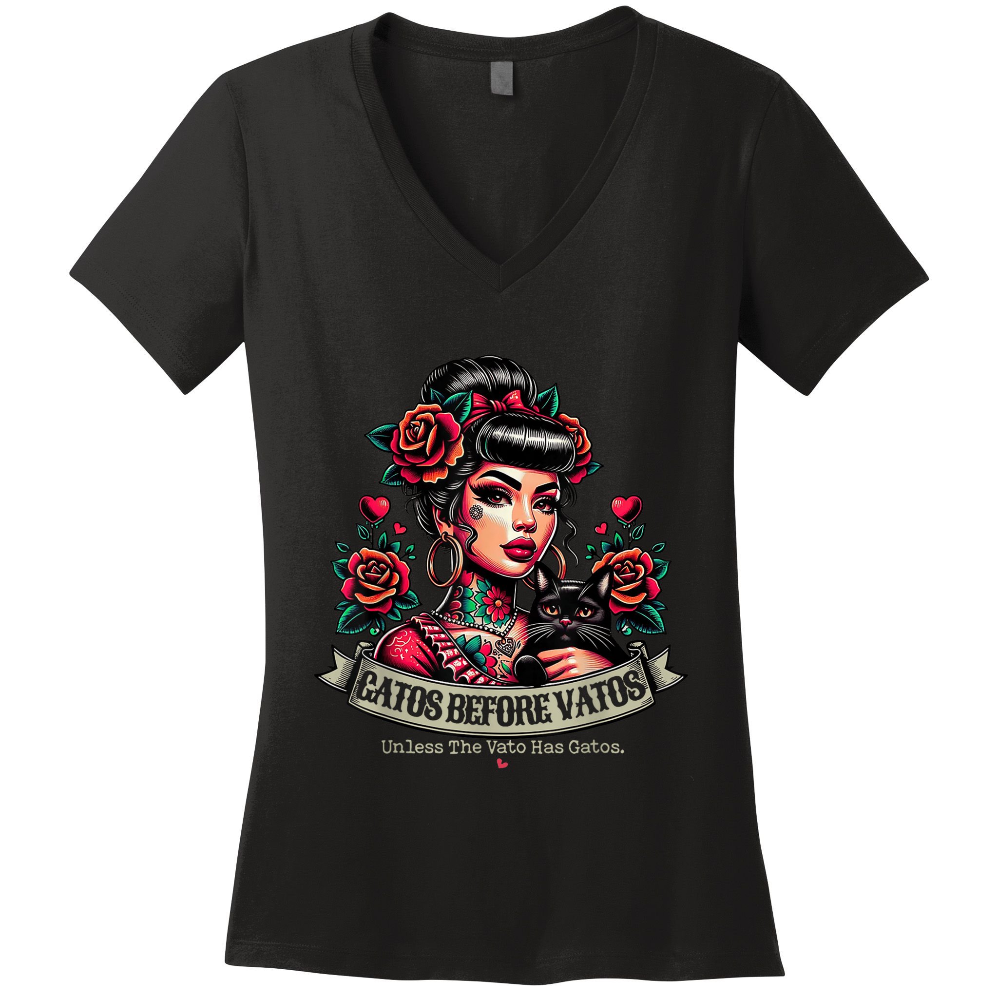Gatos Before Vatos Unless The Vato Has Gatos Chingona Tattoo Women's V-Neck T-Shirt