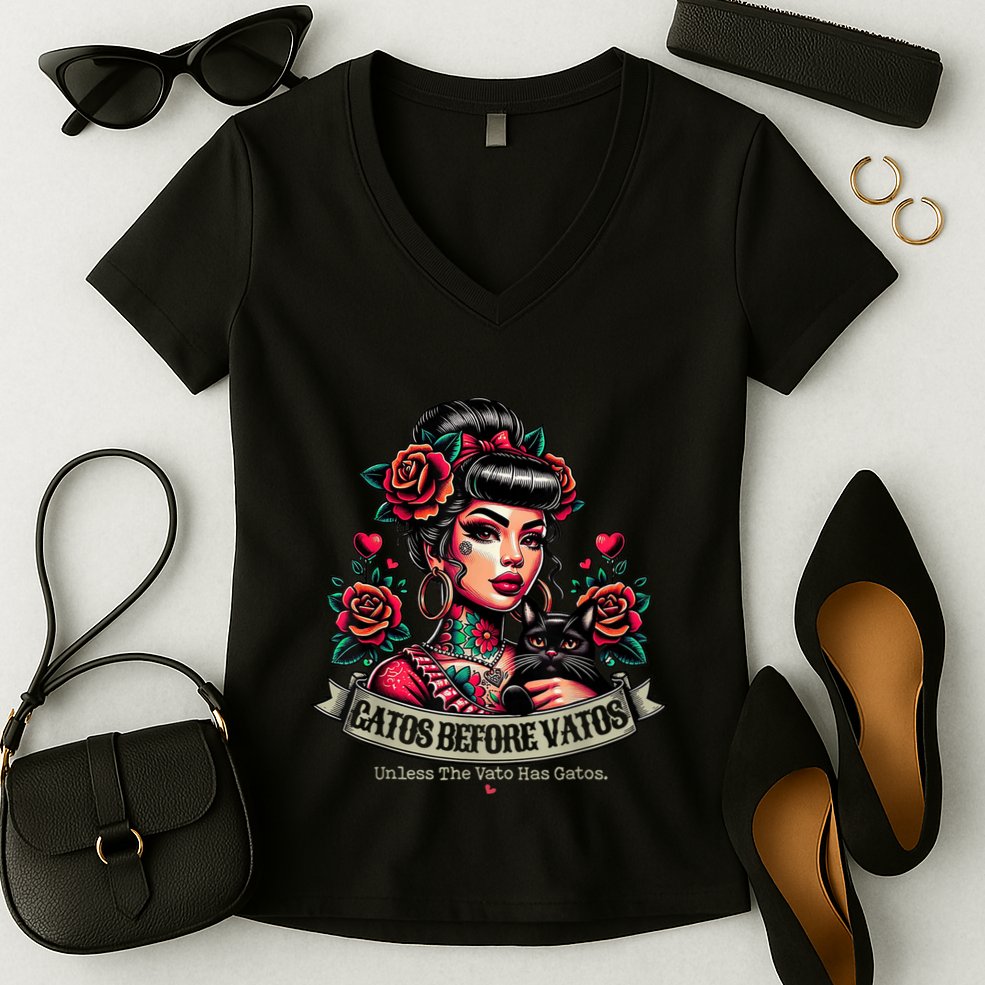 Gatos Before Vatos Unless The Vato Has Gatos Chingona Tattoo Women's V-Neck T-Shirt