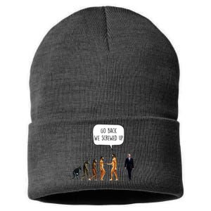 Go Back We Screwed Up Funny Anti Biden Human Evolution Sustainable Knit Beanie