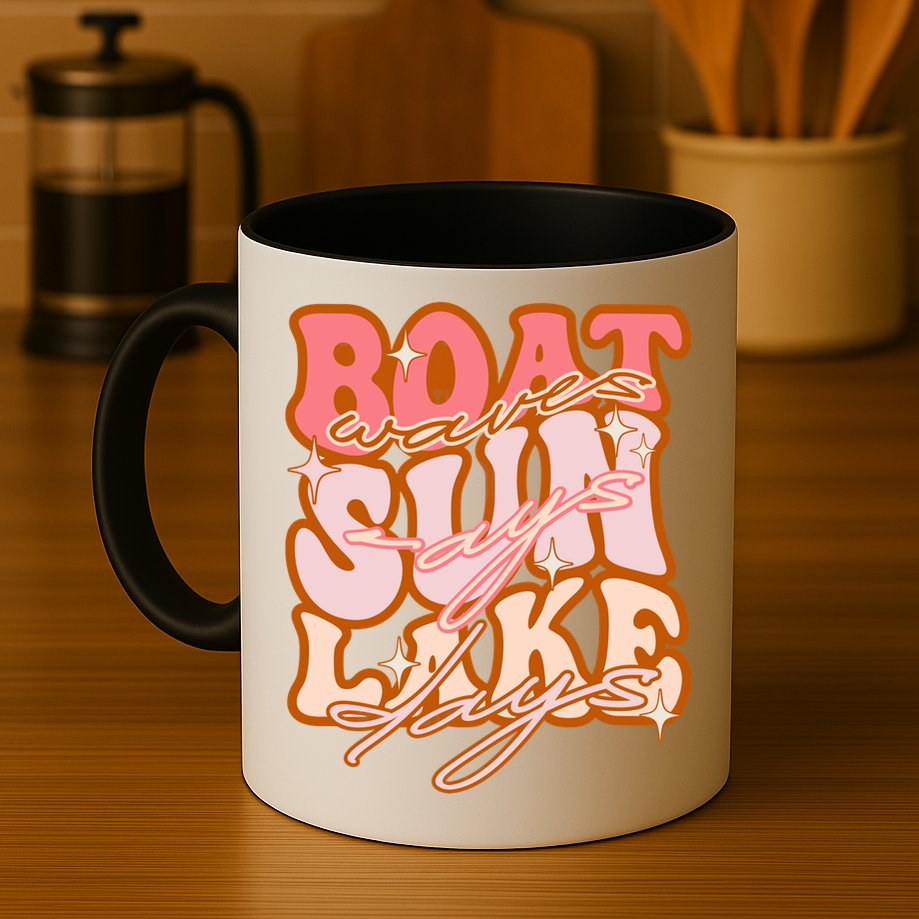 Groovy Boat Waves Sun Rays Lake Days Funny Vacation Fishing Gift Mug
