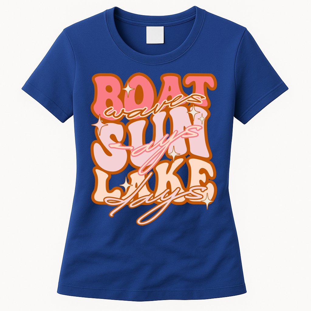 Groovy Boat Waves Sun Rays Lake Days Funny Vacation Fishing Gift Womens T-Shirt