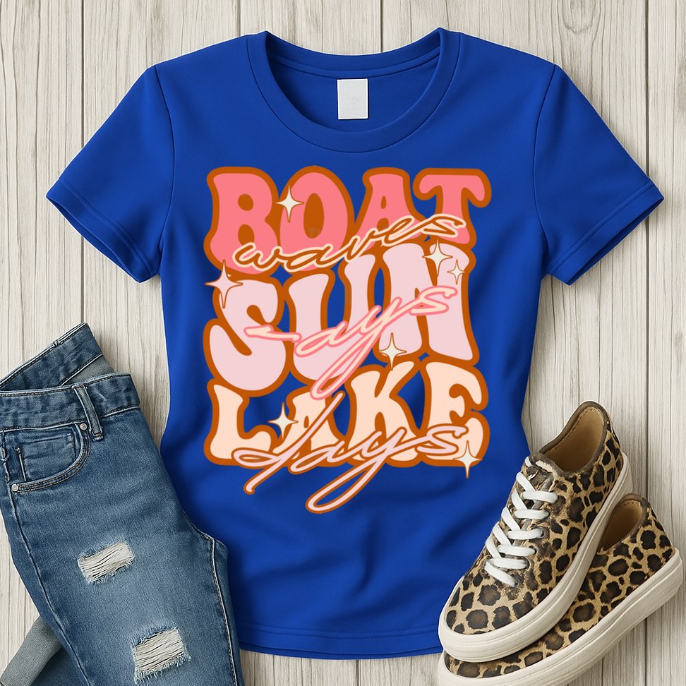 Groovy Boat Waves Sun Rays Lake Days Funny Vacation Fishing Gift Womens T-Shirt