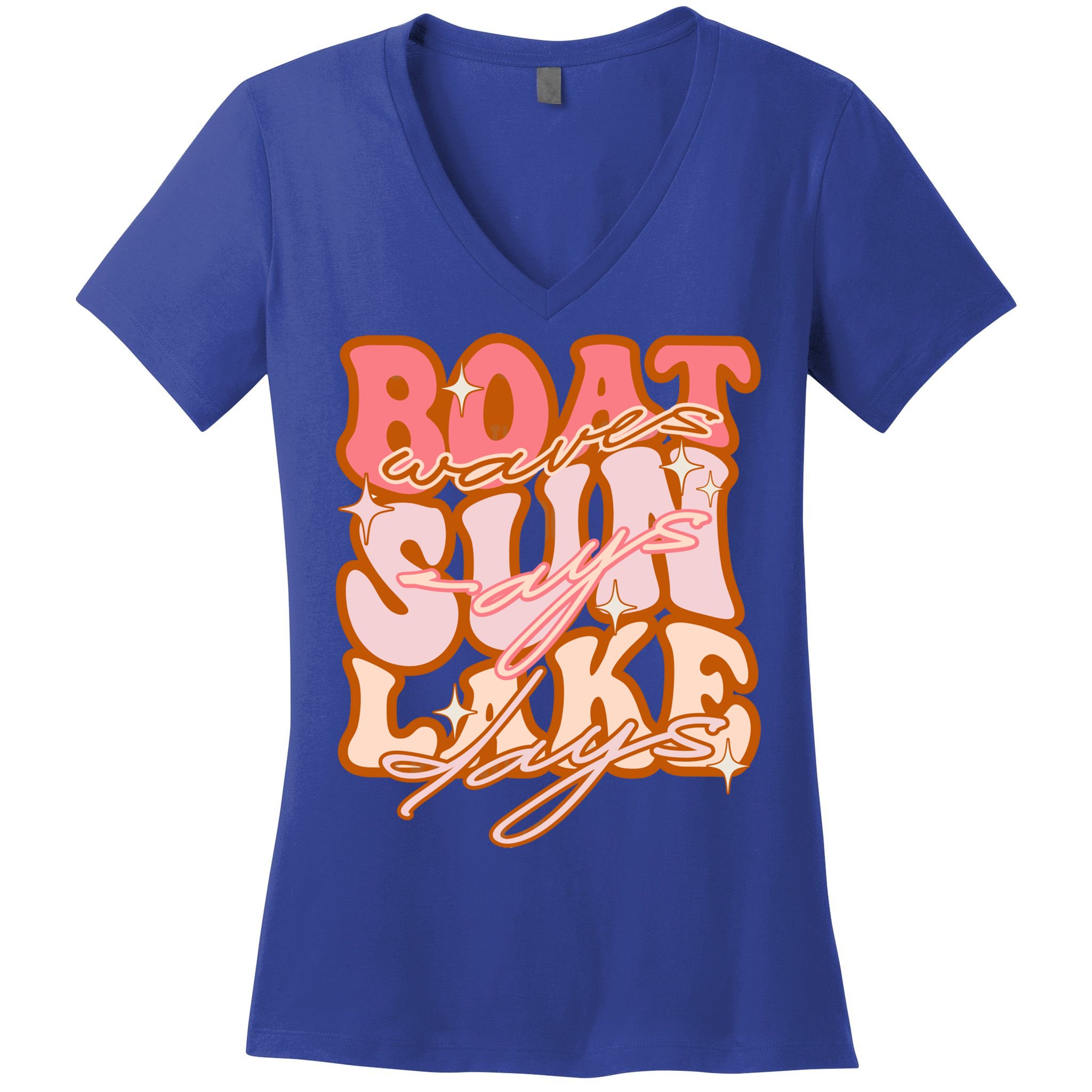 Groovy Boat Waves Sun Rays Lake Days Funny Vacation Fishing Gift Women's V-Neck T-Shirt