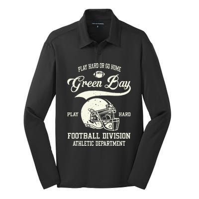 Green Bay Wisconsin Play Hard Or Go Home Vintage Football Silk Touch Performance Long Sleeve Polo