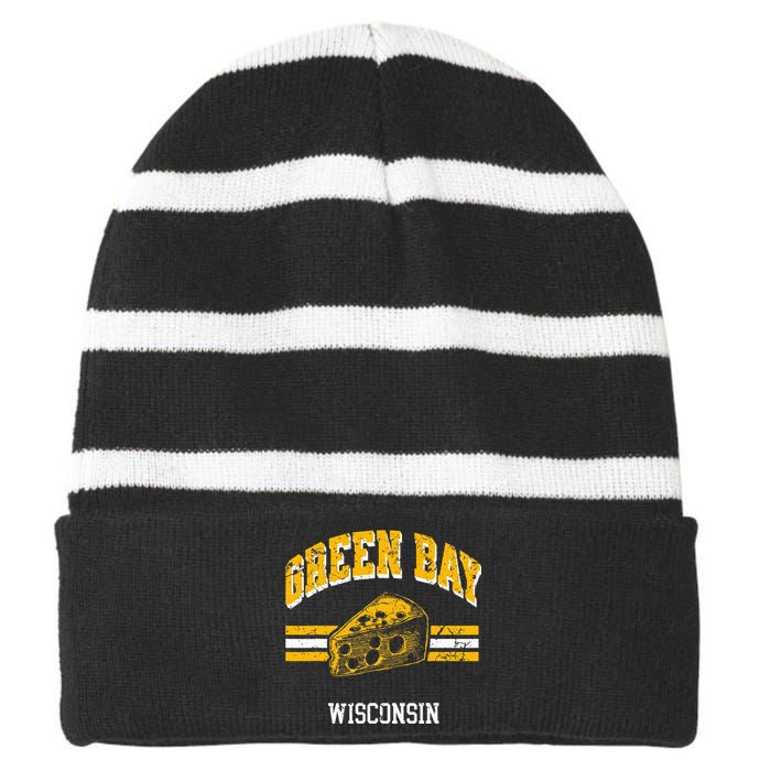 Green Bay Wisconsin Cheesehead Retro Pride Vintage Cheese Striped Beanie with Solid Band