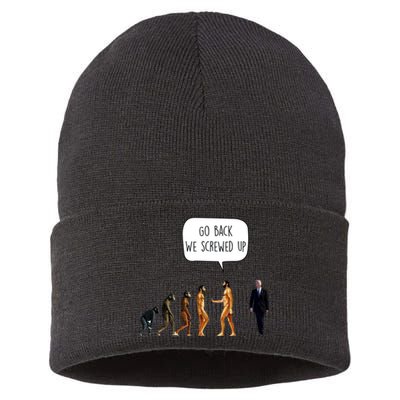 Go Back We Screwed Up Funny Anti Biden Human Evolution Sustainable Knit Beanie