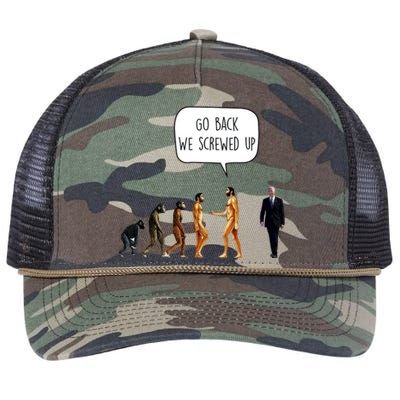 Go Back We Screwed Up Funny Anti Biden Human Evolution Retro Rope Trucker Hat Cap