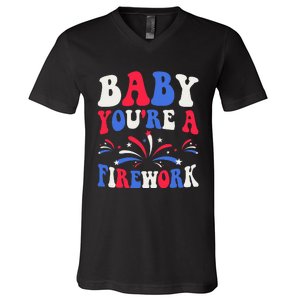 Groovy Baby YouRe A Firework 4th Of July American Flag V-Neck T-Shirt