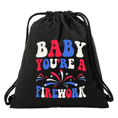 Groovy Baby YouRe A Firework 4th Of July American Flag Drawstring Bag