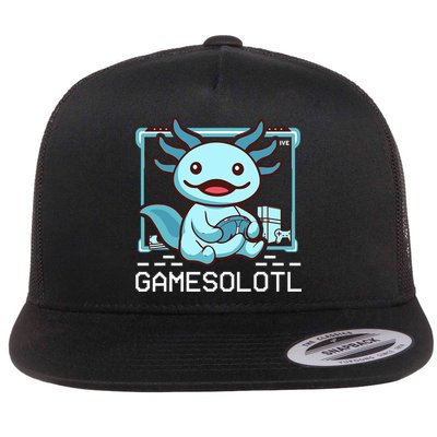 Gamesalotl Cute Axolotl Video Game Funny Gamer Flat Bill Trucker Hat