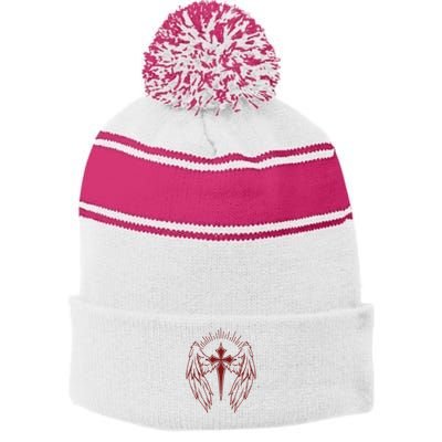 Gothic Cross And Wings Goth Egirl Eboy Emo Alt Stripe Pom Pom Beanie