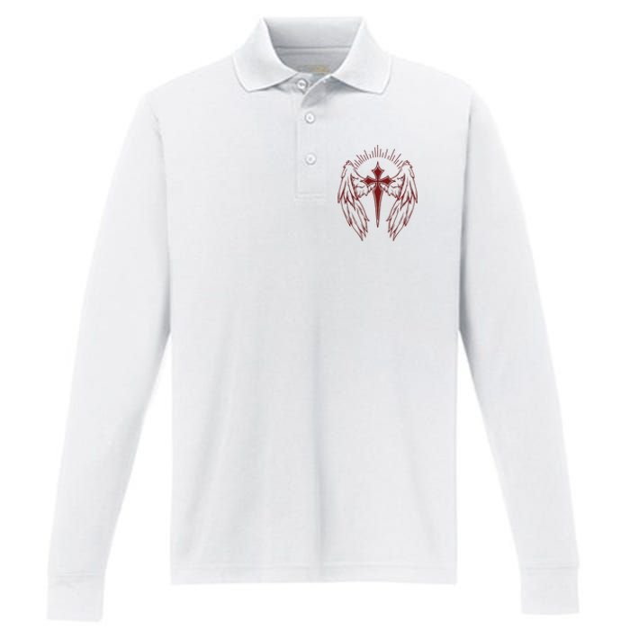 Gothic Cross And Wings Goth Egirl Eboy Emo Alt Performance Long Sleeve Polo