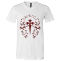 Gothic Cross And Wings Goth Egirl Eboy Emo Alt V-Neck T-Shirt