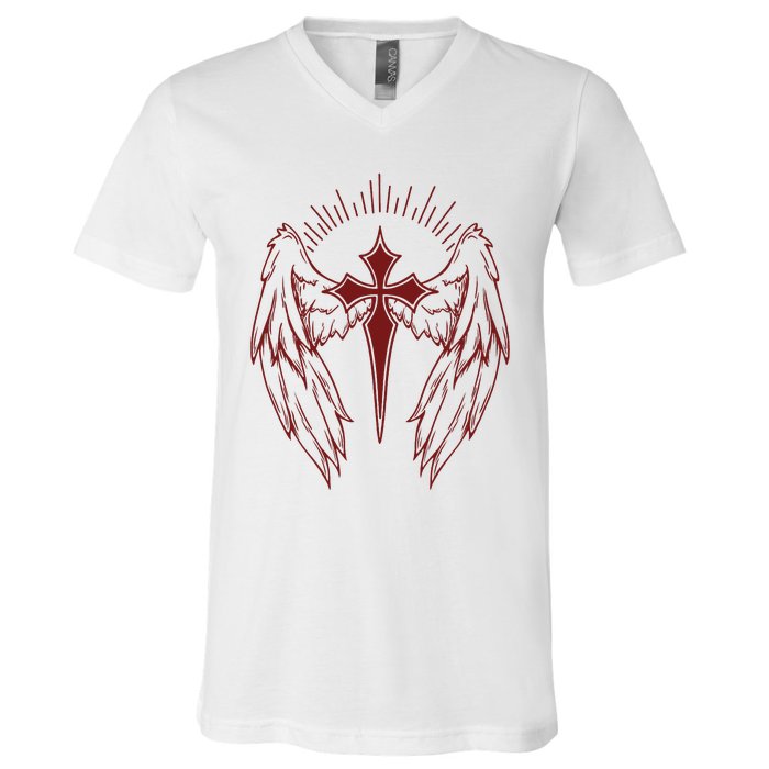 Gothic Cross And Wings Goth Egirl Eboy Emo Alt V-Neck T-Shirt