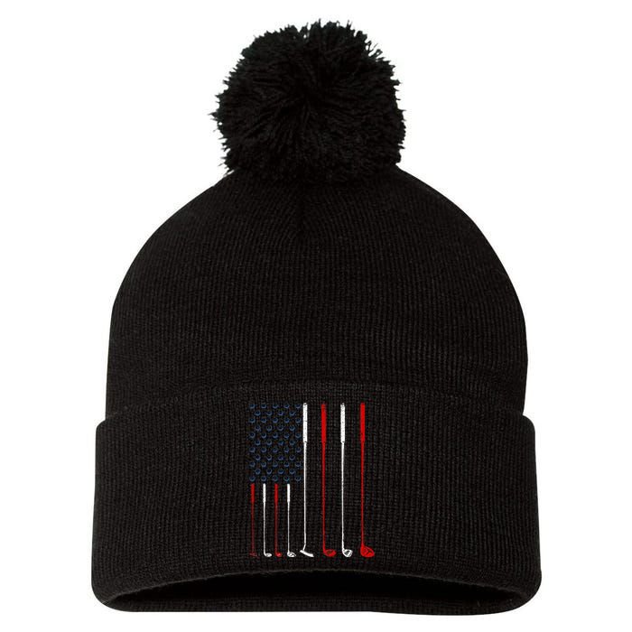 Golf Clubs American Flag Pom Pom 12in Knit Beanie