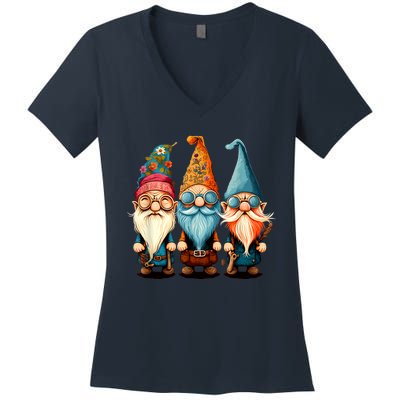 Gnome Cute And Funny Gnome Hippie Sunflower Peace Love Women's V-Neck T-Shirt