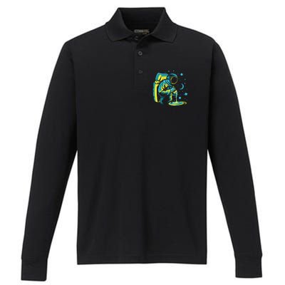 Galaxy Coffee Astronaut Pouring Coffee Performance Long Sleeve Polo