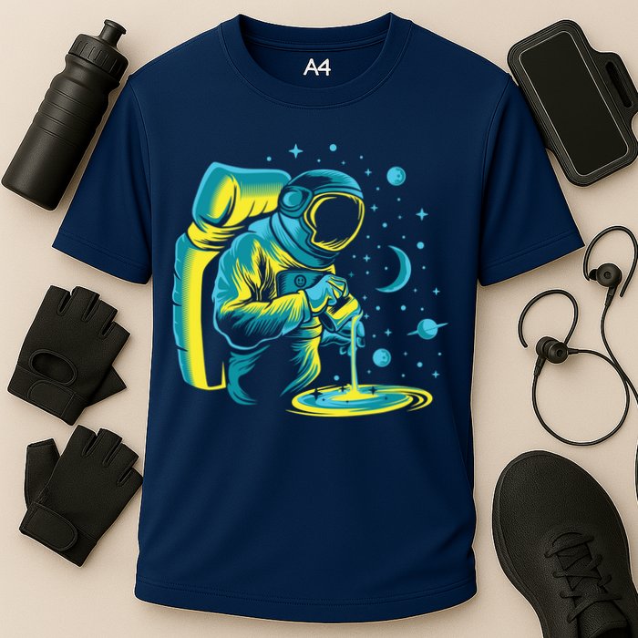Galaxy Coffee Astronaut Pouring Coffee Cooling Performance Crew T-Shirt