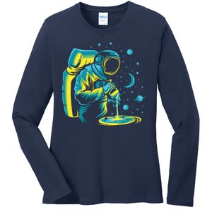 Galaxy Coffee Astronaut Pouring Coffee Ladies Long Sleeve Shirt