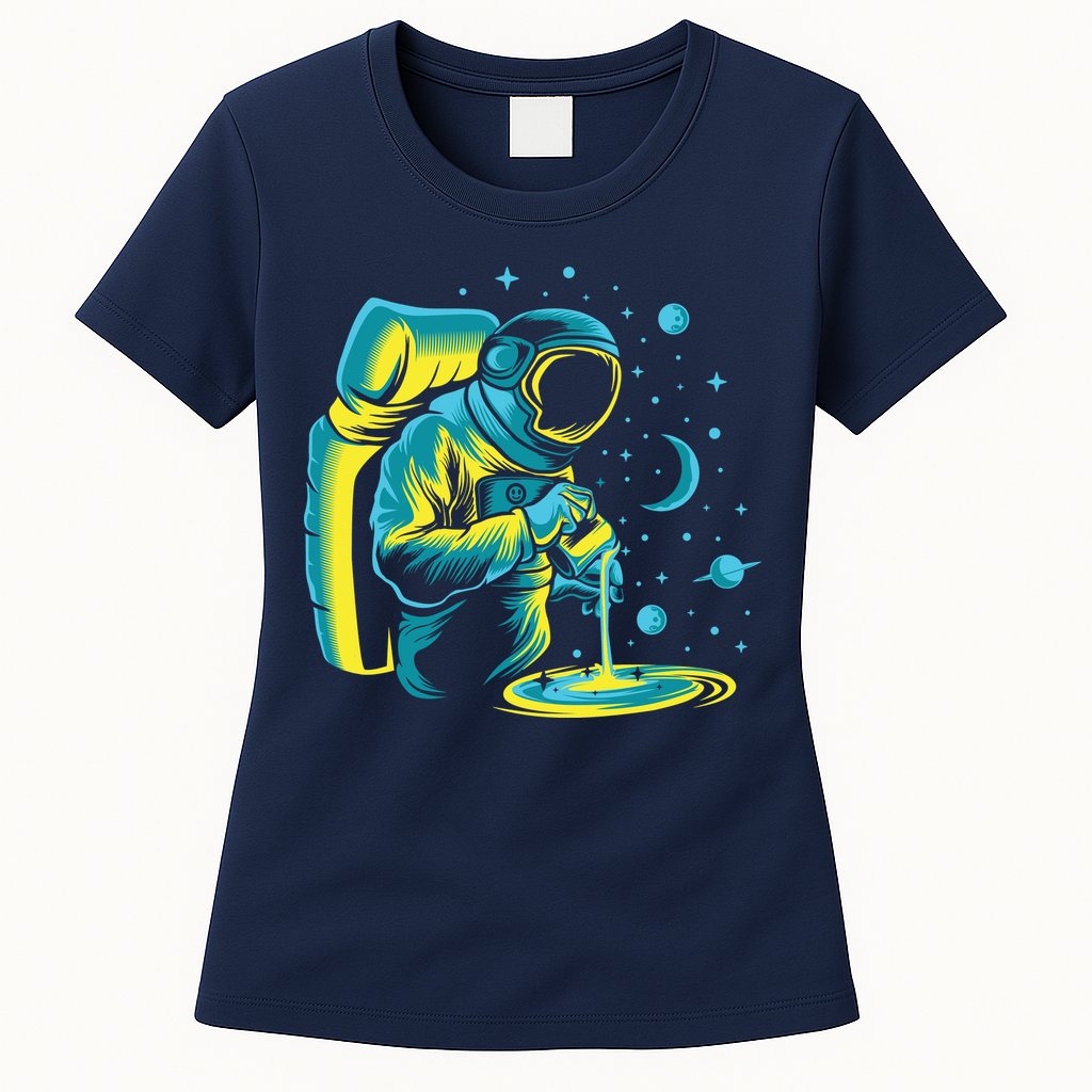Galaxy Coffee Astronaut Pouring Coffee Womens T-Shirt