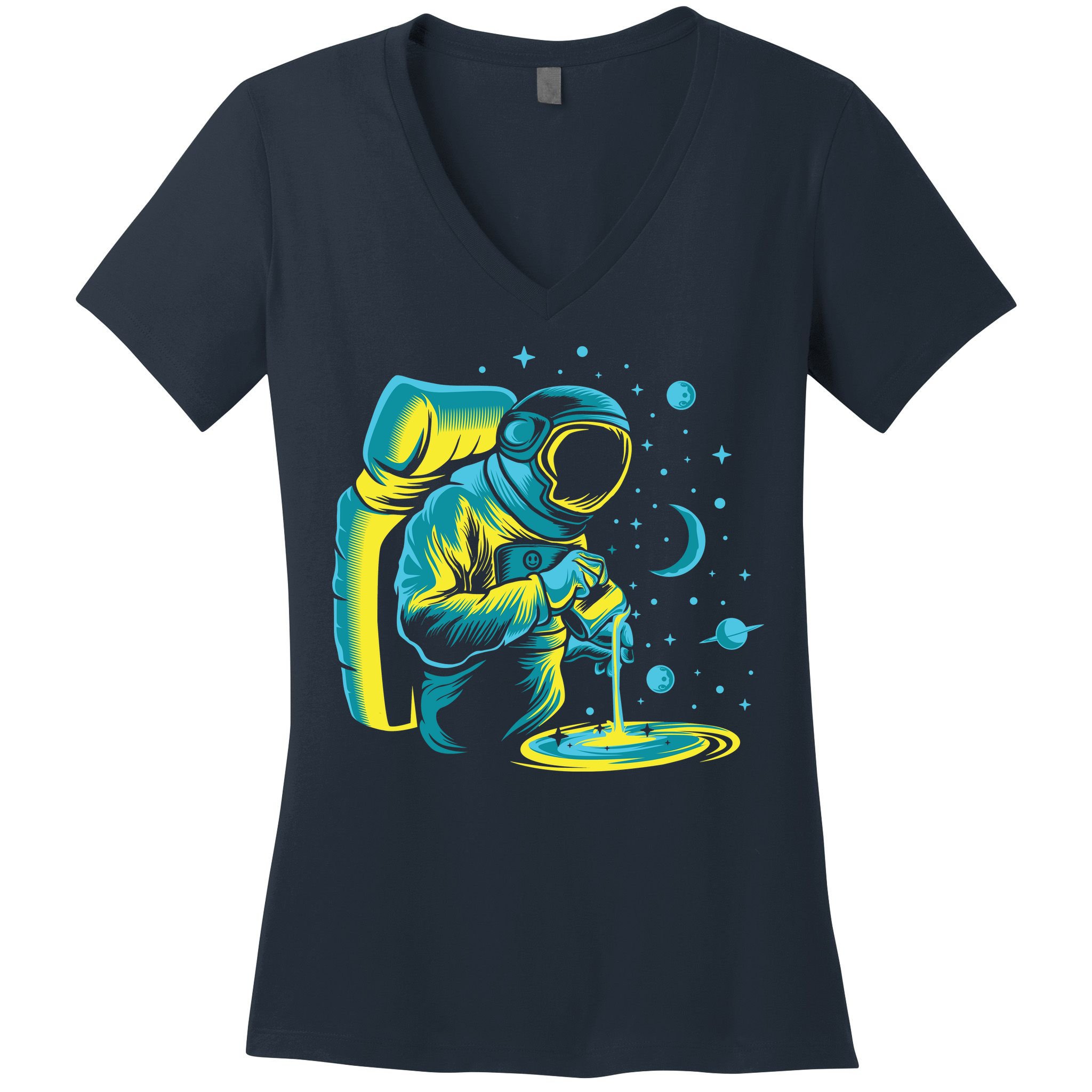 Galaxy Coffee Astronaut Pouring Coffee Women's V-Neck T-Shirt