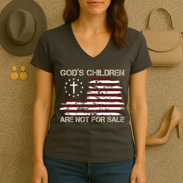 Gods Children Are Not For Sale American Flag Cross Women's V-Neck T-Shirt