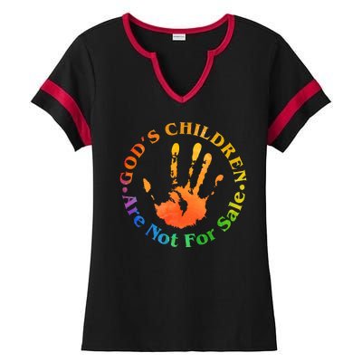 Gods Children Are Not For Sale Colorful Hand Print Ladies Halftime Notch Neck Tee