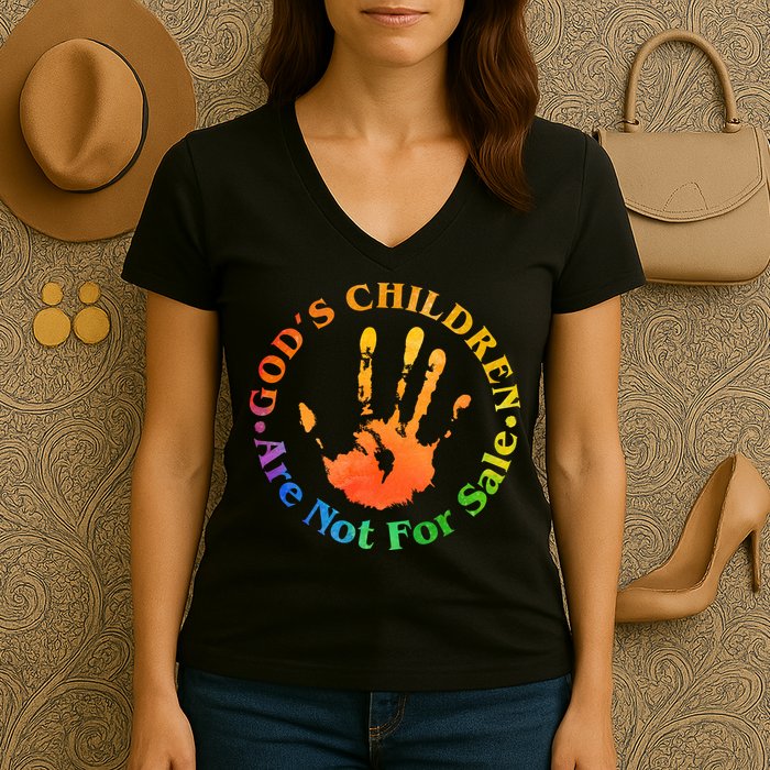 Gods Children Are Not For Sale Colorful Hand Print Women's V-Neck T-Shirt