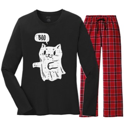 Ghost Cat Boo Funny Halloween Animal Pet Women's Long Sleeve Flannel Pajama Set 