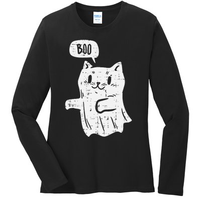 Ghost Cat Boo Funny Halloween Animal Pet Ladies Long Sleeve Shirt