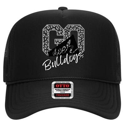 Go Cheer Bulldogs School Sports Fan Spirits Mascot Leopard High Crown Mesh Back Trucker Hat