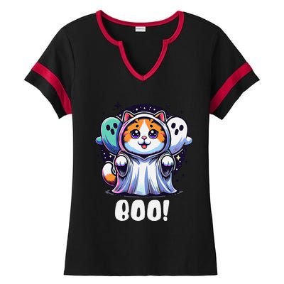 Ghost Cat Boo Funny Cute Cat Boo Kitty Halloween Ladies Halftime Notch Neck Tee