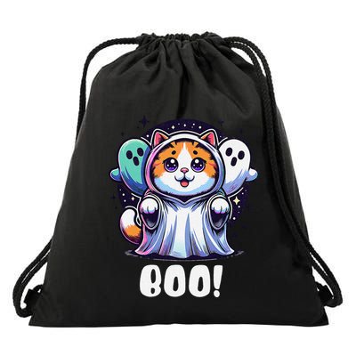 Ghost Cat Boo Funny Cute Cat Boo Kitty Halloween Drawstring Bag