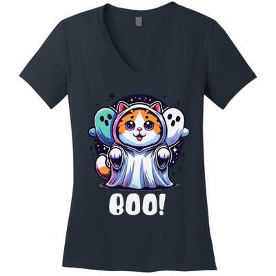 Ghost Cat Boo Funny Cute Cat Boo Kitty Halloween Women's V-Neck T-Shirt