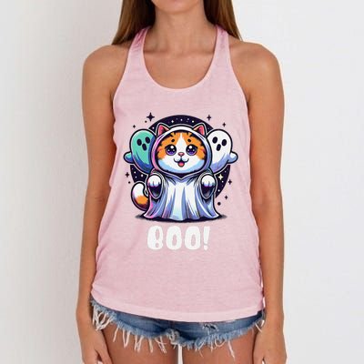 Ghost Cat Boo Funny Cute Cat Boo Kitty Halloween Women's Knotted Racerback Tank