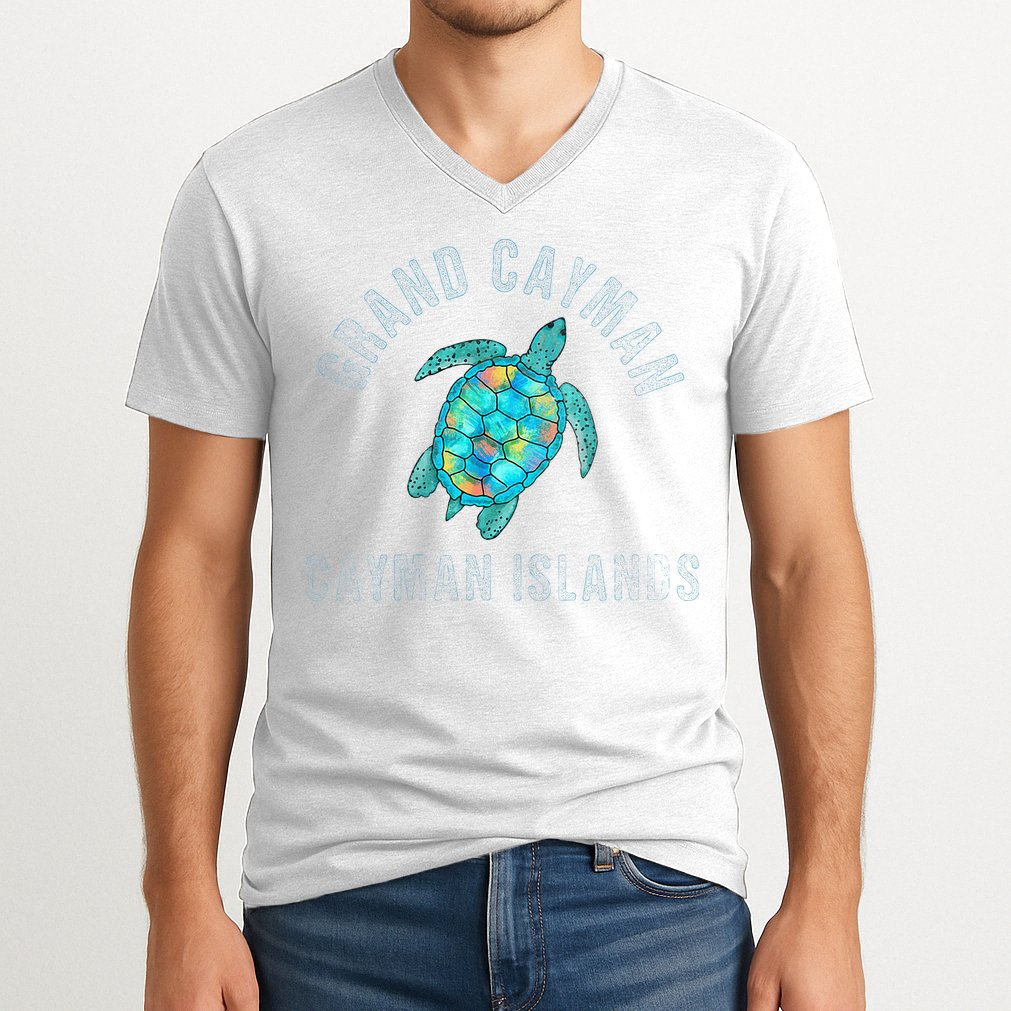 Grand Cayman Beach Design Sea Turtle Illustration Gift V-Neck T-Shirt