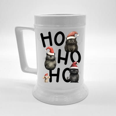 Grumpy Christmas Black Cats In Santa Hats With Mouse Funny Gift Beer Stein