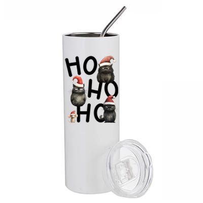 Grumpy Christmas Black Cats In Santa Hats With Mouse Funny Gift Stainless Steel Tumbler