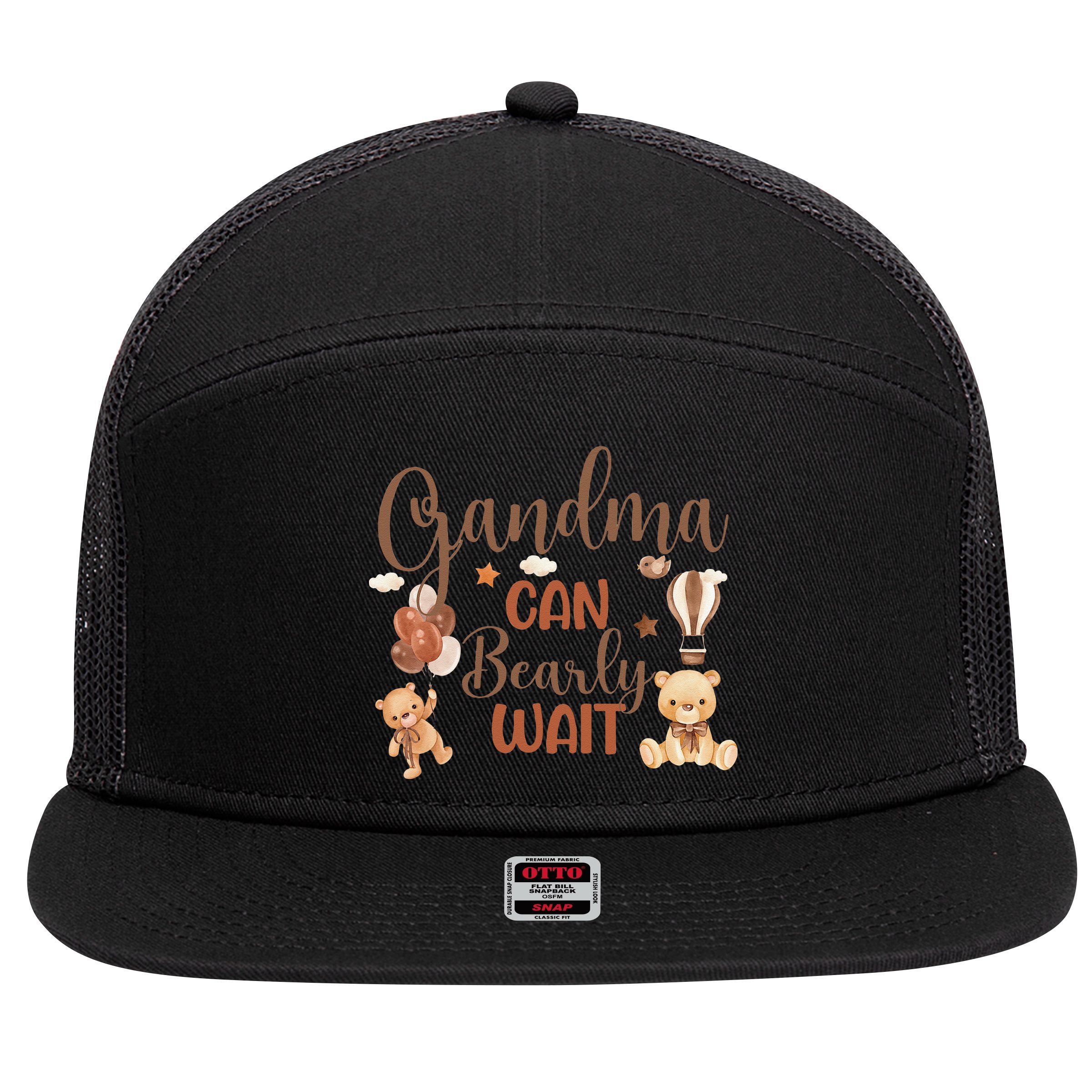 Grandma Can Bearly Wait Bear Gender Neutral Boy Baby Shower 7 Panel Mesh Trucker Snapback Hat