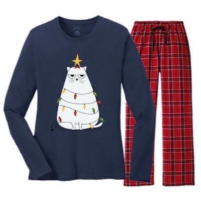 Grumpy Christmas Cat Women's Long Sleeve Flannel Pajama Set 