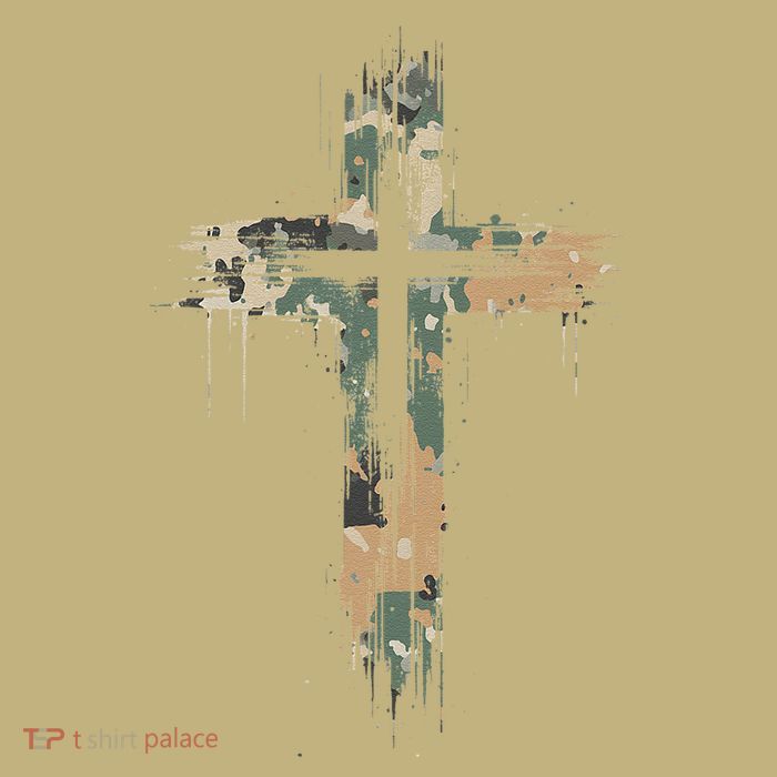 Grunge Christian Cross Camo Camouflage Natural Button